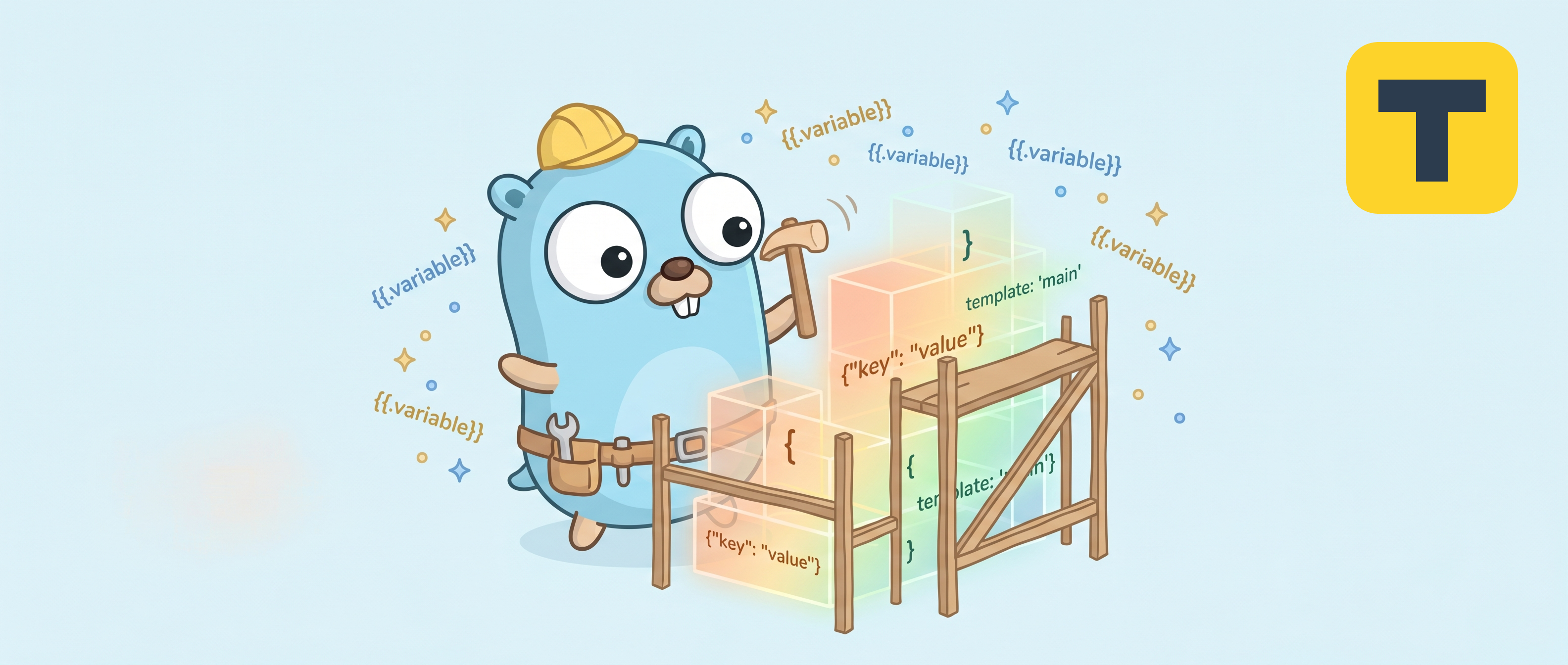 Terox mascot: a Go gopher in a hard hat building wooden scaffolding around template files with  tokens floating in the scene